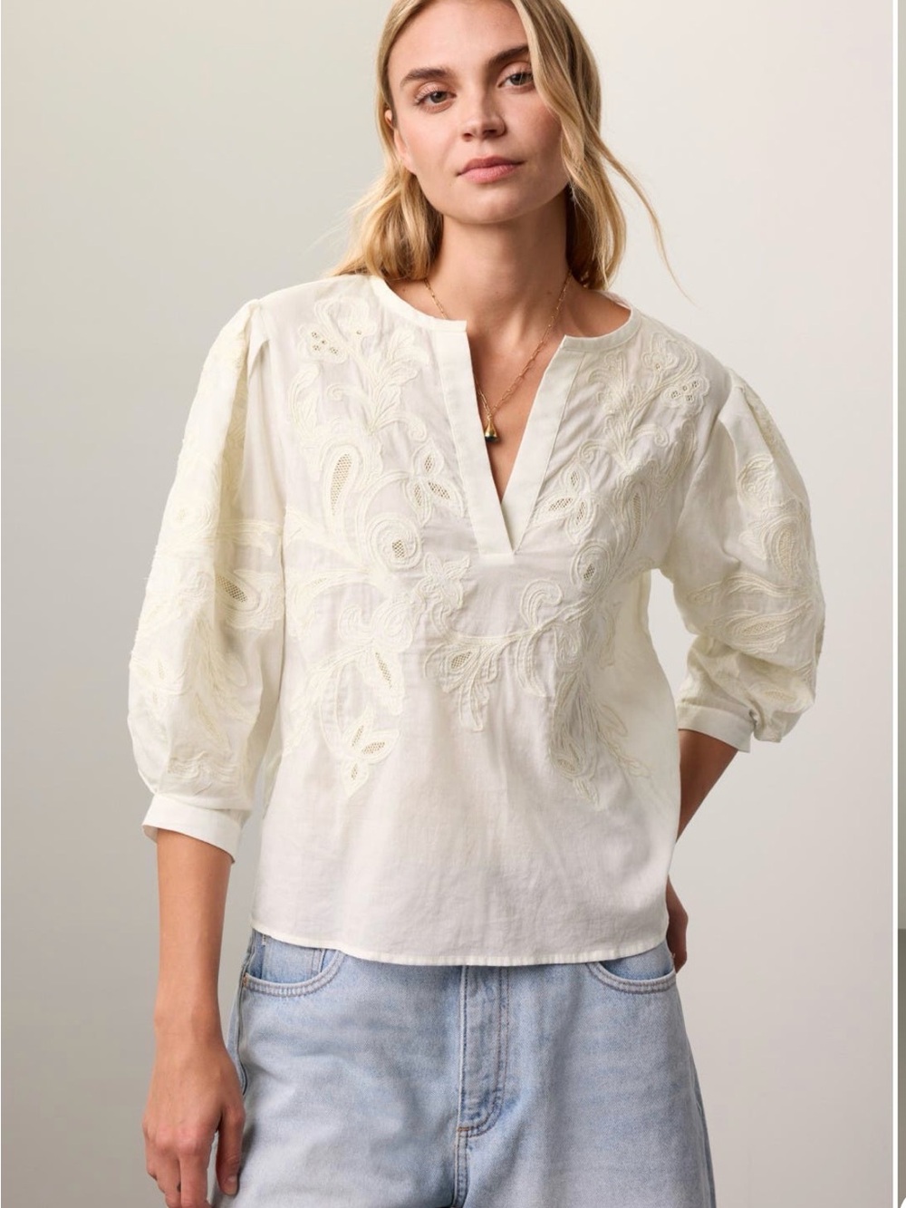 ba&sh White Embroidered V-Neck Peasant Blouse